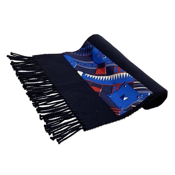HERMES - Dark Navy Black Multi Cashmere Silk Scarf - Picture 1 of 4